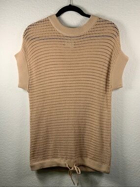Varley Beige Open-Weave Short Sleeve Knit Top